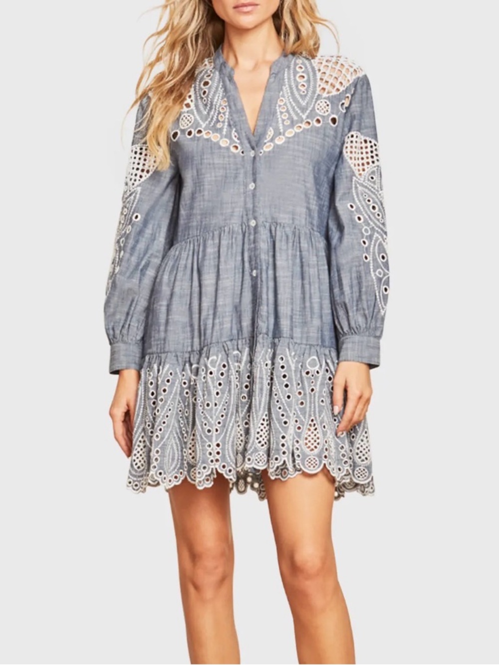 Veronica Beard Chambray Blue Eyelet Mini Dress